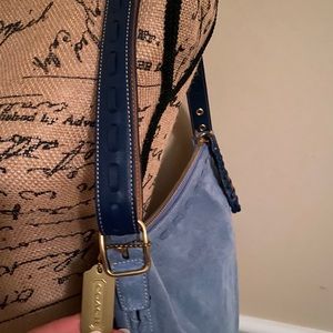 Baby blue coach suede bag with navy leather